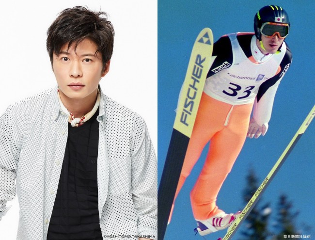 映画『ヒノマルソウル～舞台裏の英雄たち～』（左から）主演の田中圭とリレハンメル五輪での西方仁也選手のスキージャンプ姿