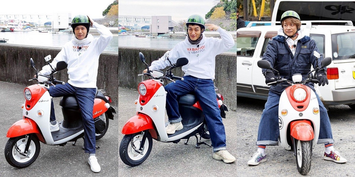 『出川哲朗の充電させてもらえませんか？』バイクにまたがる（左から）稲垣吾郎、草なぎ剛、香取慎吾