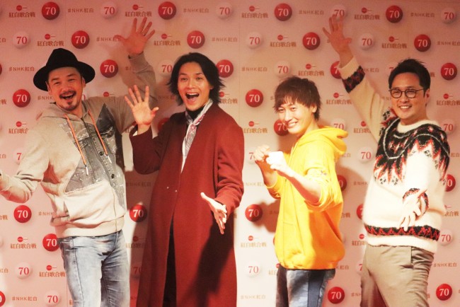 『第70回NHK紅白歌合戦』のリハーサルに出席した純烈（左から）小田井涼平、白川裕二郎、後上翔太、酒井一圭