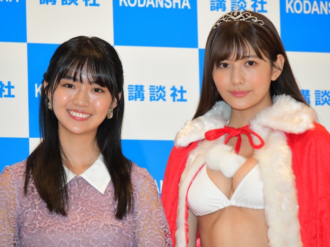 「ミスマガジン2020」お披露目会見に登場した（左から）豊田ルナ、新井遥