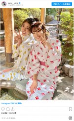 鷲見玲奈＆岡副麻希、浴衣で足湯のツーショット  ※「鷲見玲奈」インスタグラム