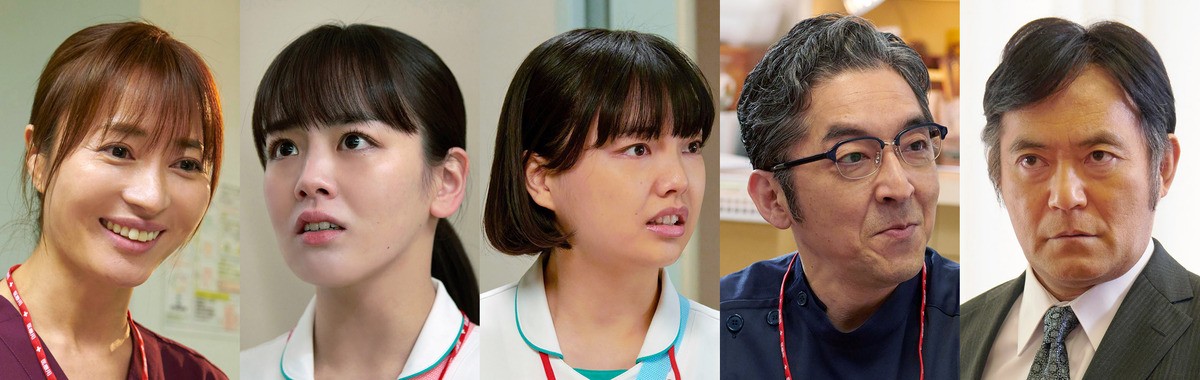 ドラマスペシャル『神様のカルテ』に出演する(左から)新山千春、伊原六花、上原実矩、村杉蝉之介、渡辺いっけい