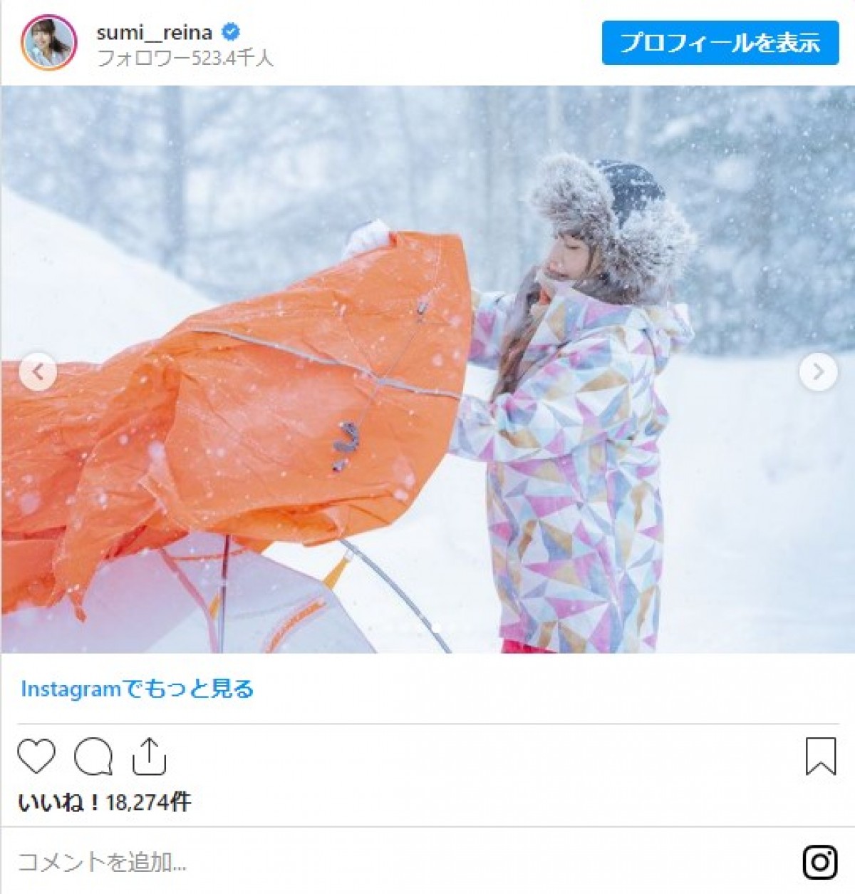 稲村亜美＆鷲見玲奈、雪降る中のキャンプショットに「最高」「気持ち良さそう」