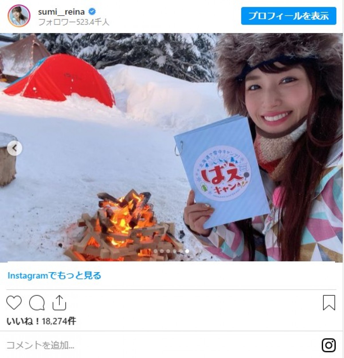 稲村亜美＆鷲見玲奈、雪降る中のキャンプショットに「最高」「気持ち良さそう」