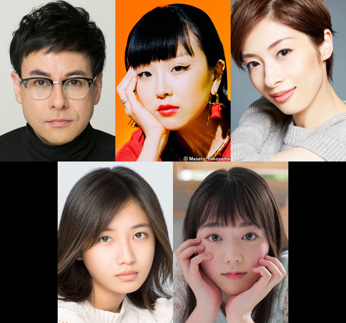 ドラマ『コントが始まる』（上段左から）鈴木浩介、松田ゆう姫、明日海りお（下段左から）小野莉奈、米倉れいあ