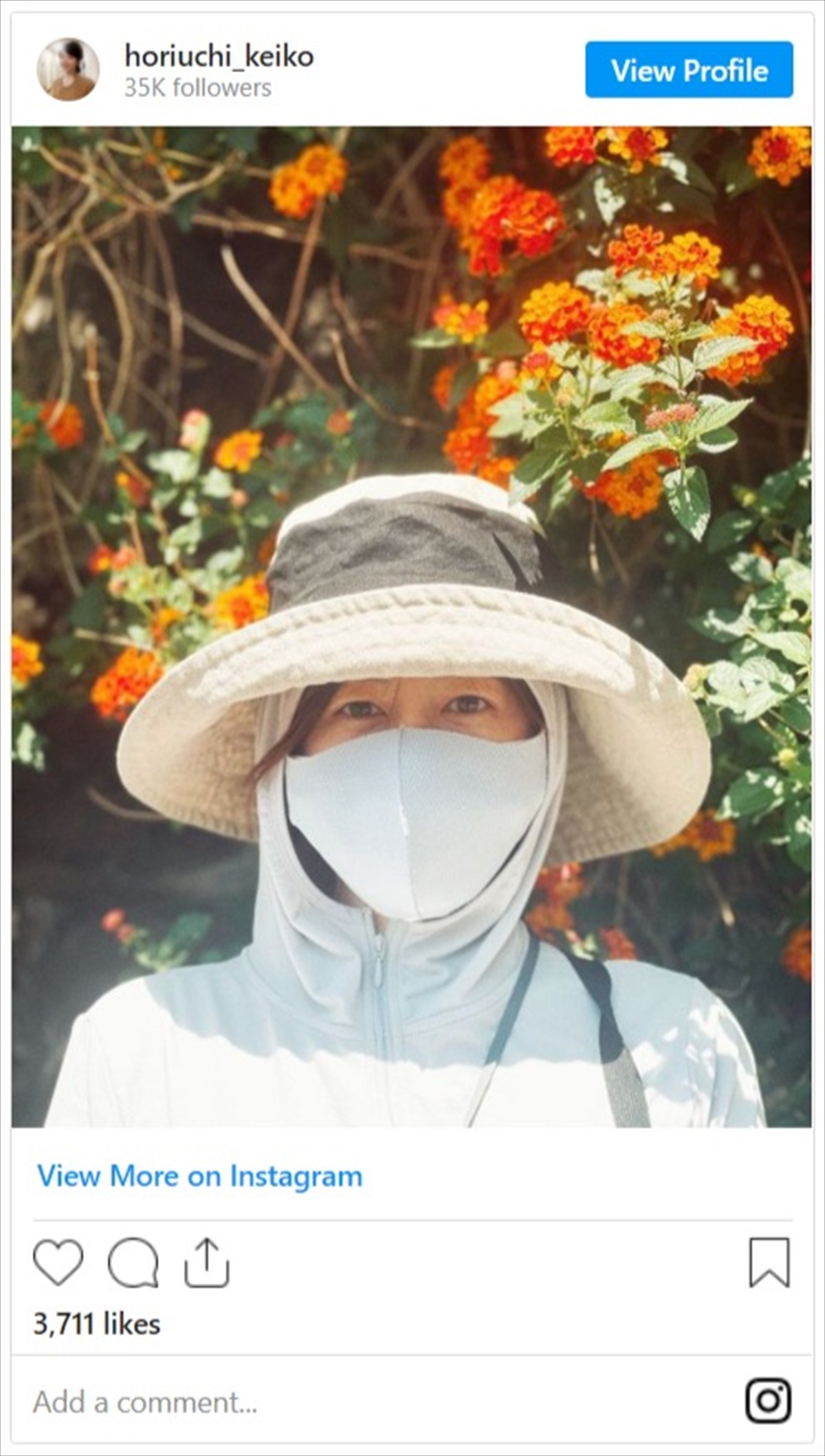 堀内敬子、完璧すぎる日焼け対策　ウォーキング姿に驚きの声「蜂蜜とりかと思いました」