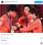 卓球男子団体の張本智和選手、水谷隼選手、丹羽孝希選手　※「張本智和」インスタグラム