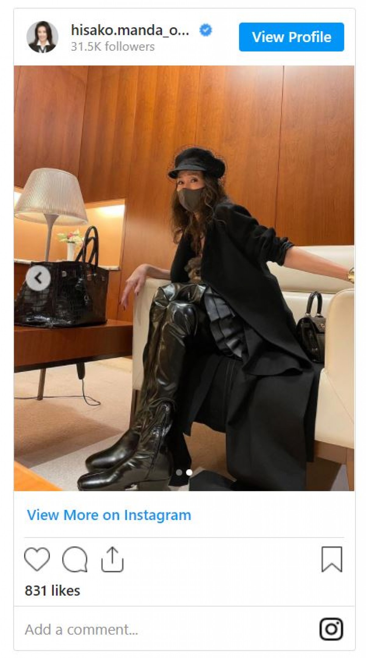 萬田久子、レザーのニーハイブーツ　“全身ブラックコーデ”に「カッコ良すぎる」