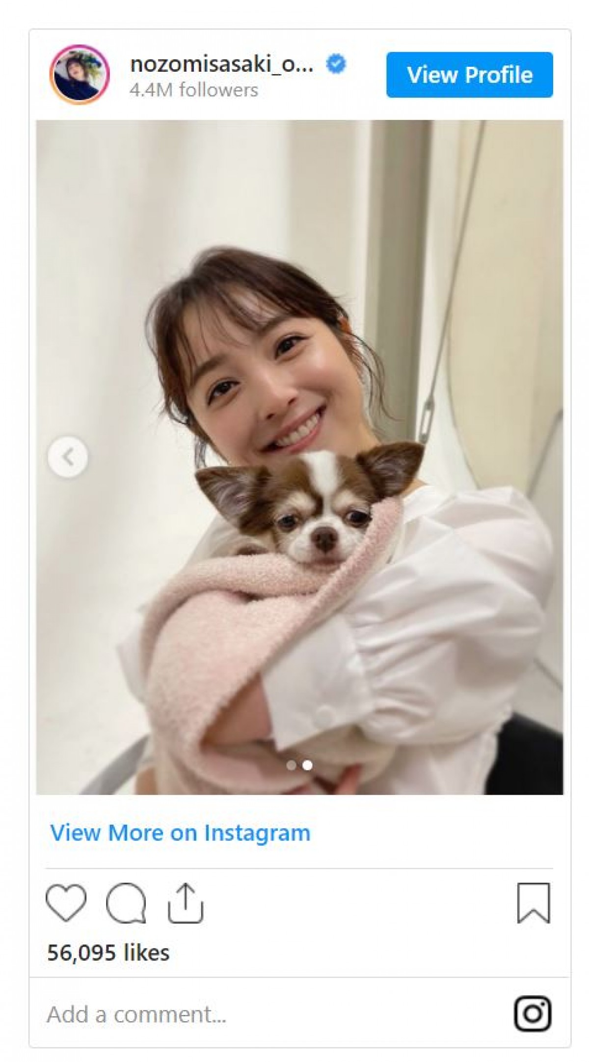 佐々木希、愛犬をバックハグ　表情に「飼い主さんと似てますね！？」の声