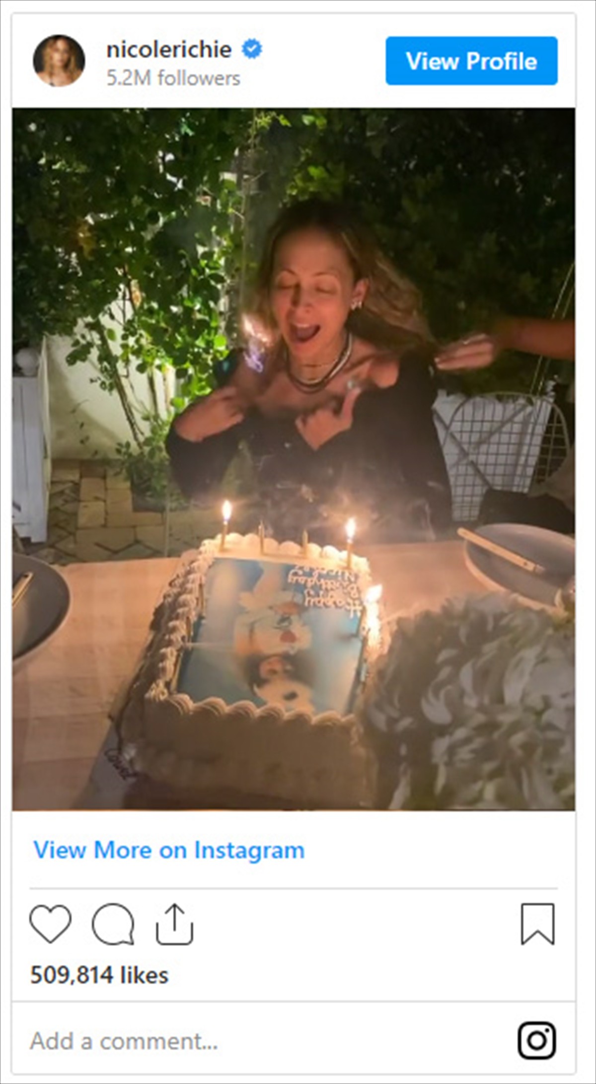 ニコール・リッチー、誕生日パーティーがあわや大惨事　髪の毛にロウソクの火が！