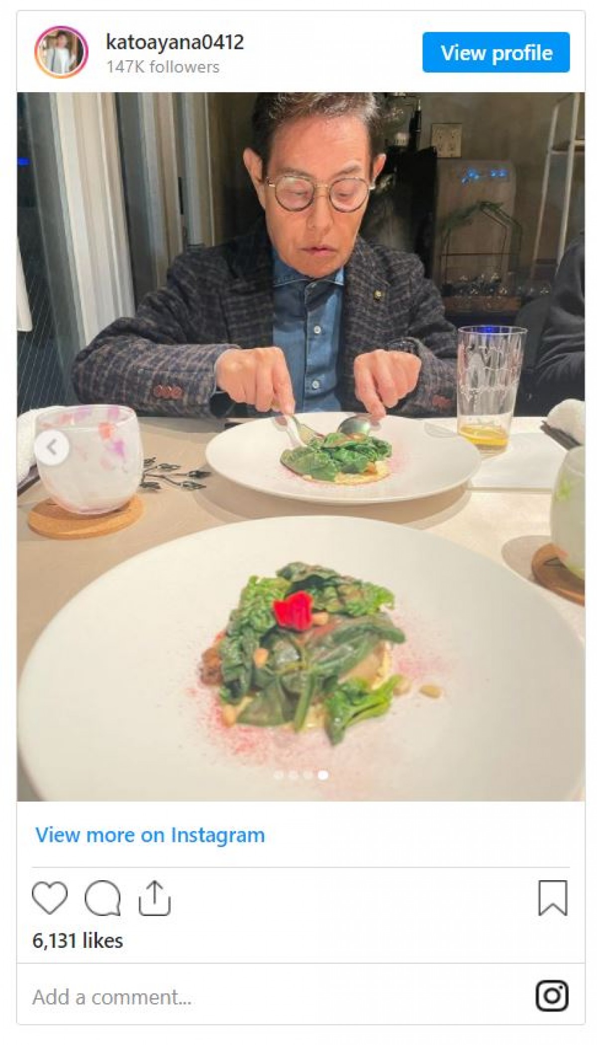 加藤茶＆綾菜、仲良くディナー　ロウソクに照らされた“イケメンすぎカトちゃん”に反響