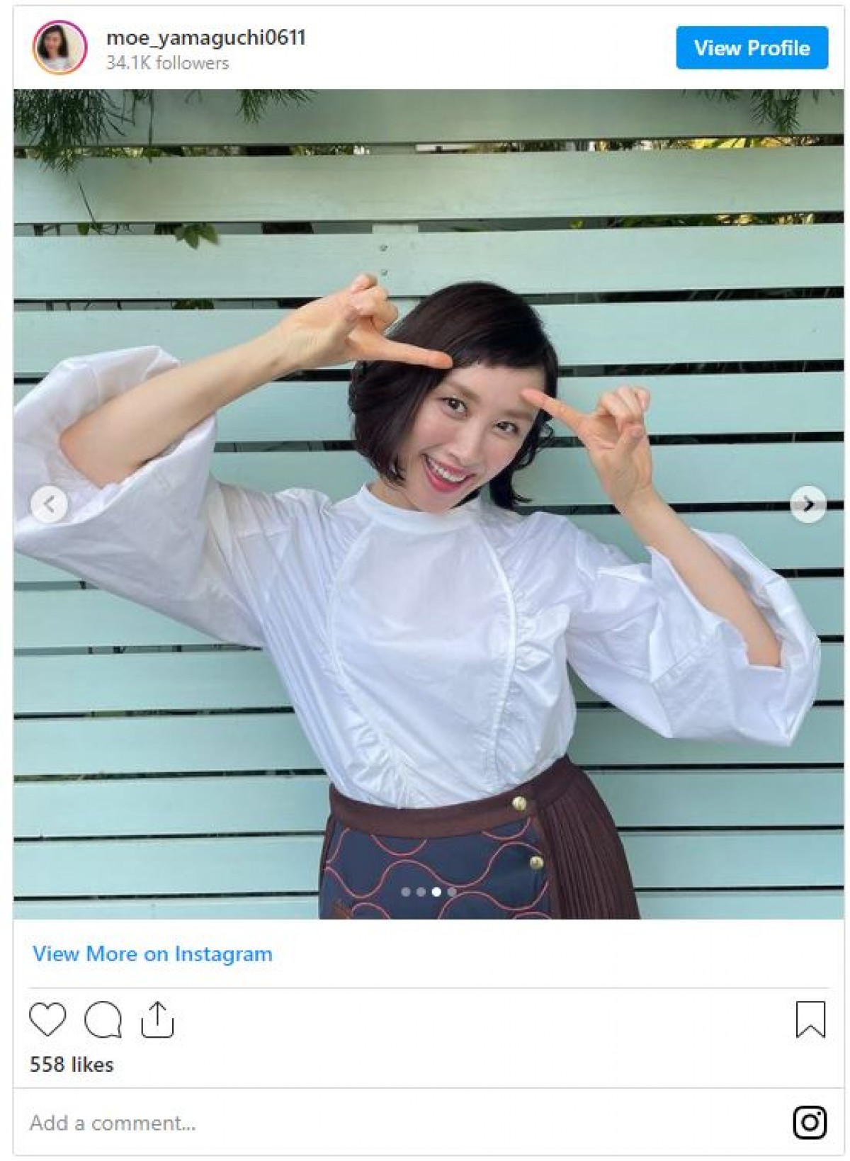 山口もえ「前髪切り過ぎたよ」デコ出しスタイルが好評「めっちゃ可愛いよ〜」