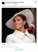 メーガン妃41歳の誕生日を祝福　※「ケンブリッジ公爵夫妻」ツイッター