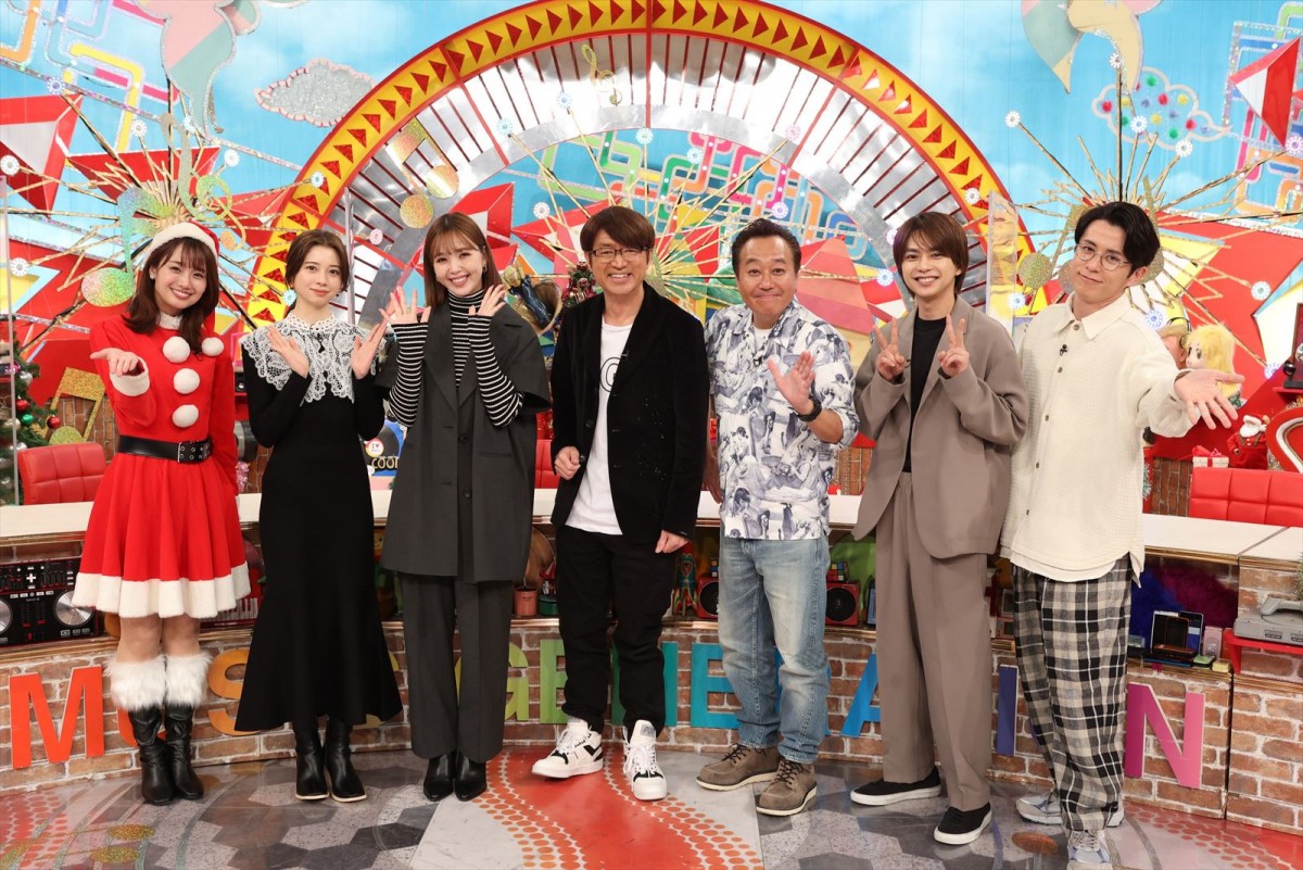 『これが定番!世代別ベストソング ミュージックジェネレーション』に出演する(左から)井上清華アナ、桜田ひより、藤田ニコル、大竹一樹、三村マサカズ、佐藤勝利、藤森慎吾