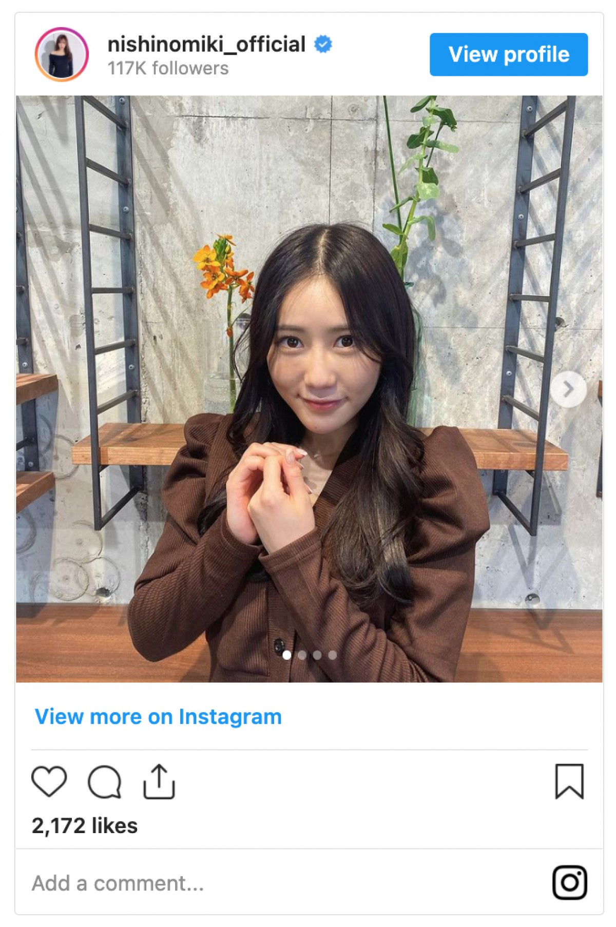 西野未姫、久々の黒髪ショット「大人っぽい」「素敵」「超可愛い」の声