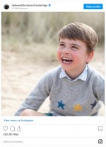 ルイ王子4歳のポートレートが公開　※「キャサリン妃＆ウィリアム王子」インスタグラム