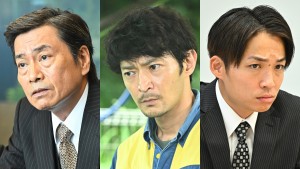 日曜劇場『オールドルーキー』第7話にゲスト出演する、（左から）平田広明、津田健次郎、アインシュタイン河井ゆずる