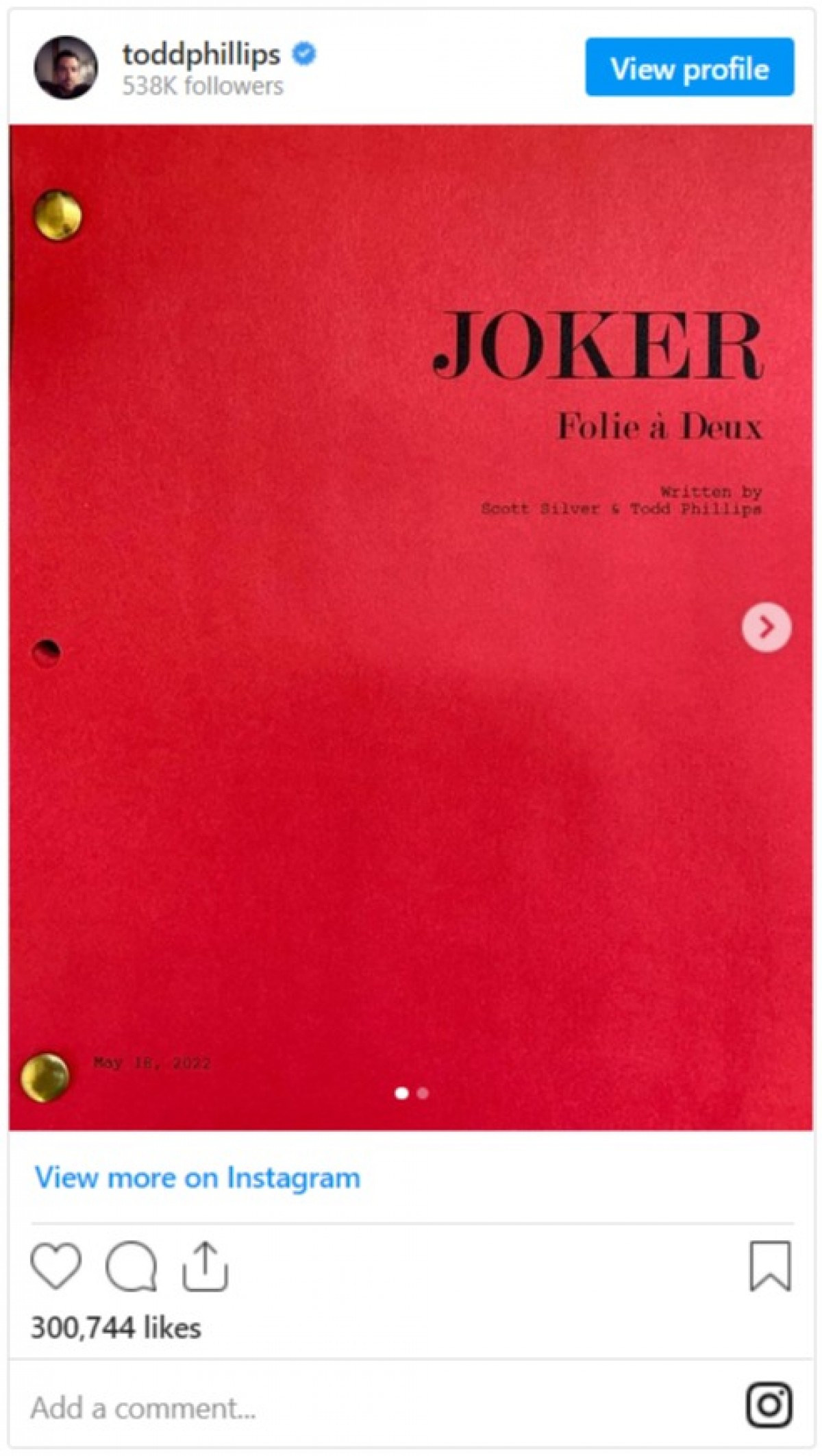 『ジョーカー』続編　トッド・フィリップス監督が脚本の表紙公開！　ホアキンは契約目前