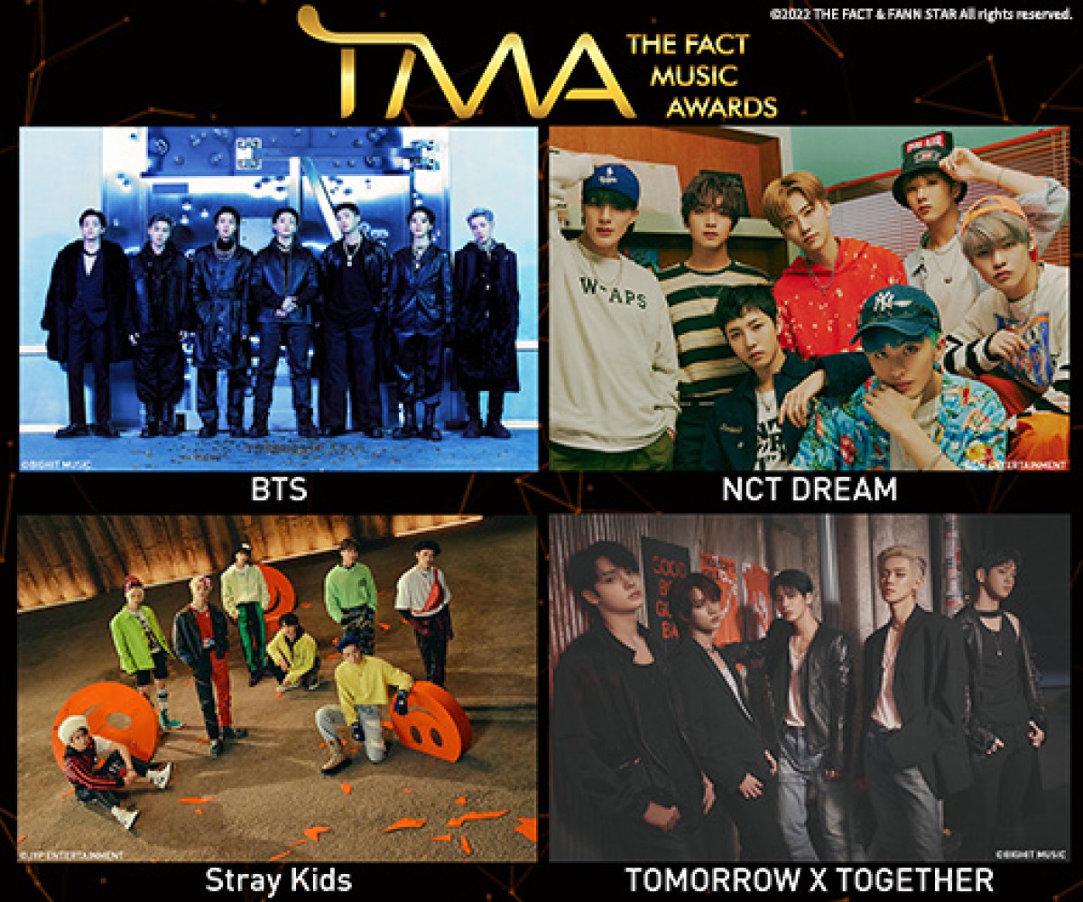 「2022 THE FACT MUSIC AWARDS（TMA）」に出演する（上段左から）BTS、NCT DREAM（下段左から）Stray Kids、TOMORROW X TOGETHER