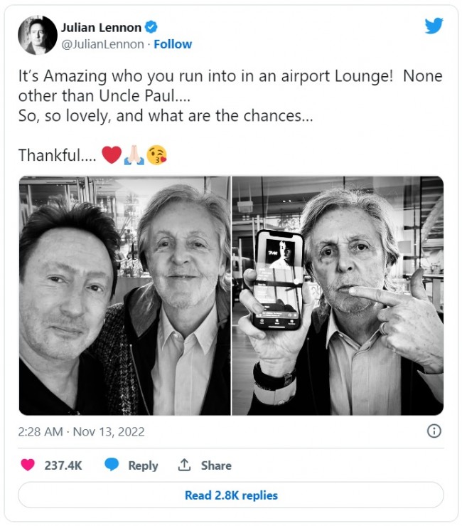 ジョン・レノン息子ジュリアンがポール・マッカートニーと空港で遭遇　※「ジュリアン・レノン」ツイッター