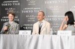 ドラマ『TOKYO VICE』記者会見に出席した（左から）アンセル・エルゴート、渡辺謙、菊地凛子