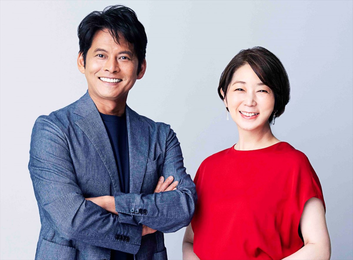 『世界陸上オレゴン』でメインキャスターを務める（左から）織田裕二、中井美穂