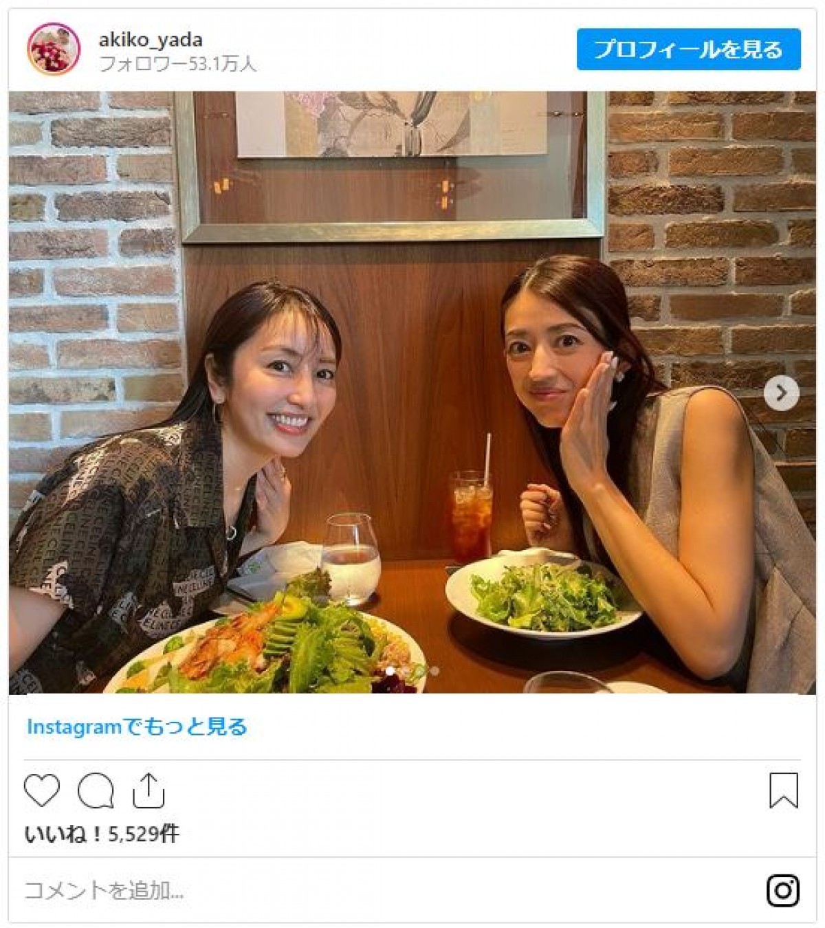 矢田亜希子、小沢真珠と“昼下がりのサラダランチ”「美女ふたり」「不動のコンビ」の声