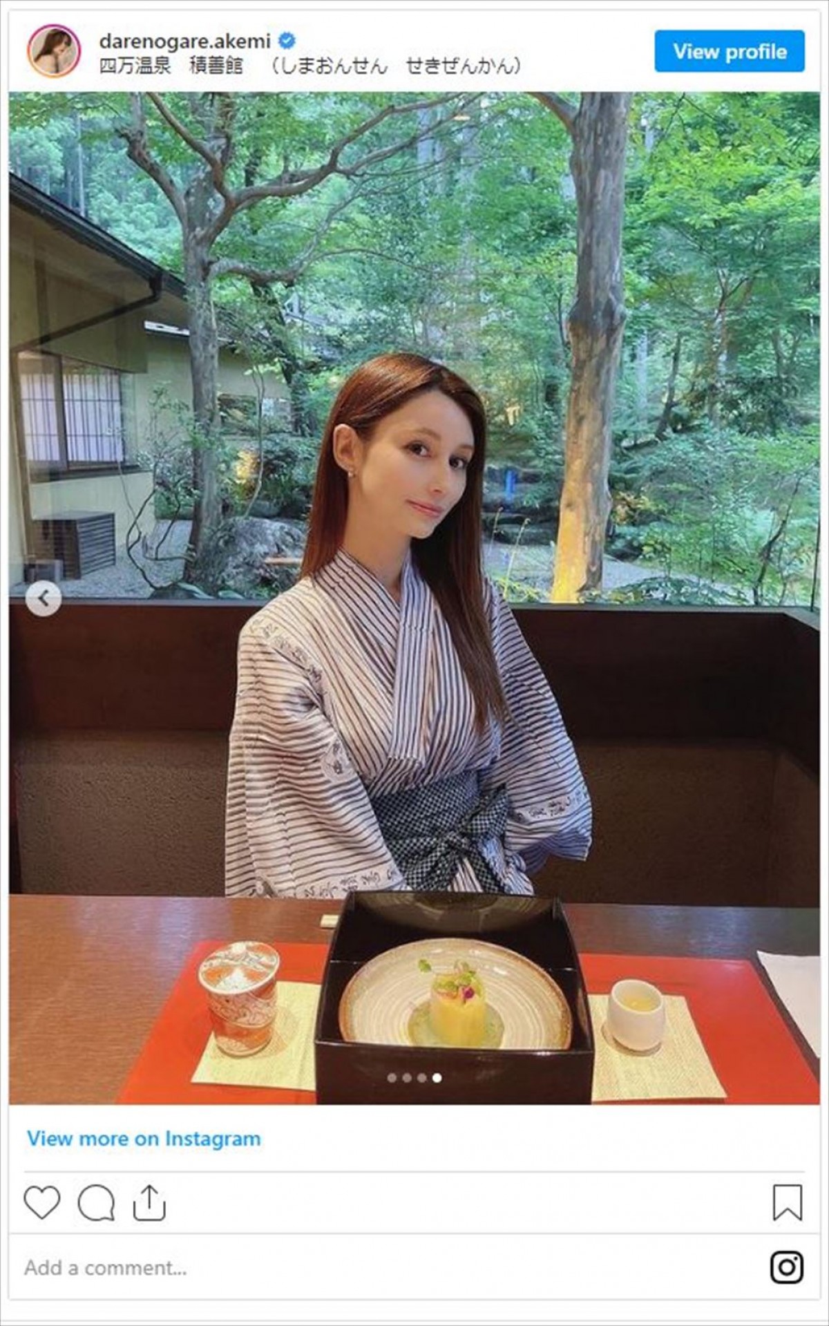 ダレノガレ明美、『千と千尋』モデルの旅館を満喫　美しい浴衣姿に反響「腰の位置高すぎ」