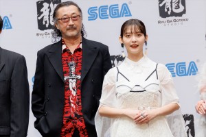 RGG SUMMIT FALL 2023／龍が如くスタジオ新作発表会に登場した（左から）大塚明夫、上坂すみれ