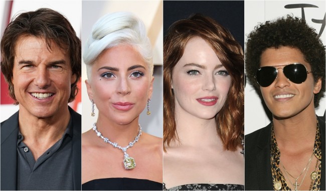 (左から)トム・クルーズ、レディー・ガガ、エマ・ストーン、ブルーノ・マーズ