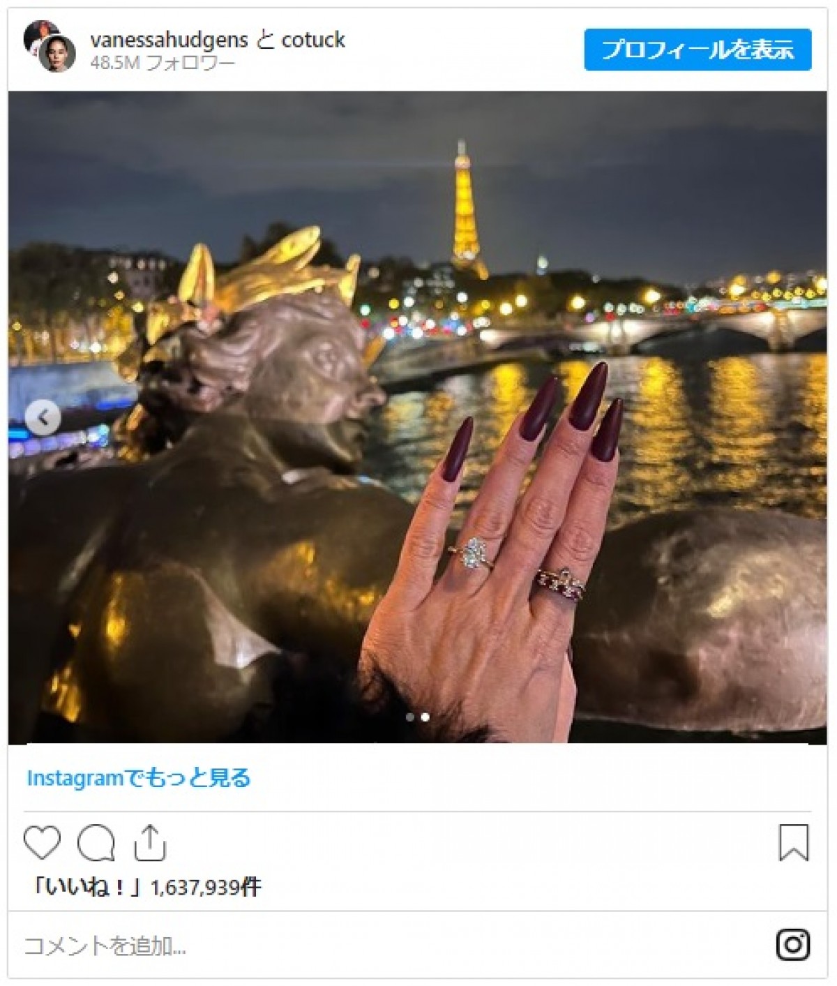ヴァネッサ・ハジェンズが婚約を公表　ダイヤのリングをお披露目