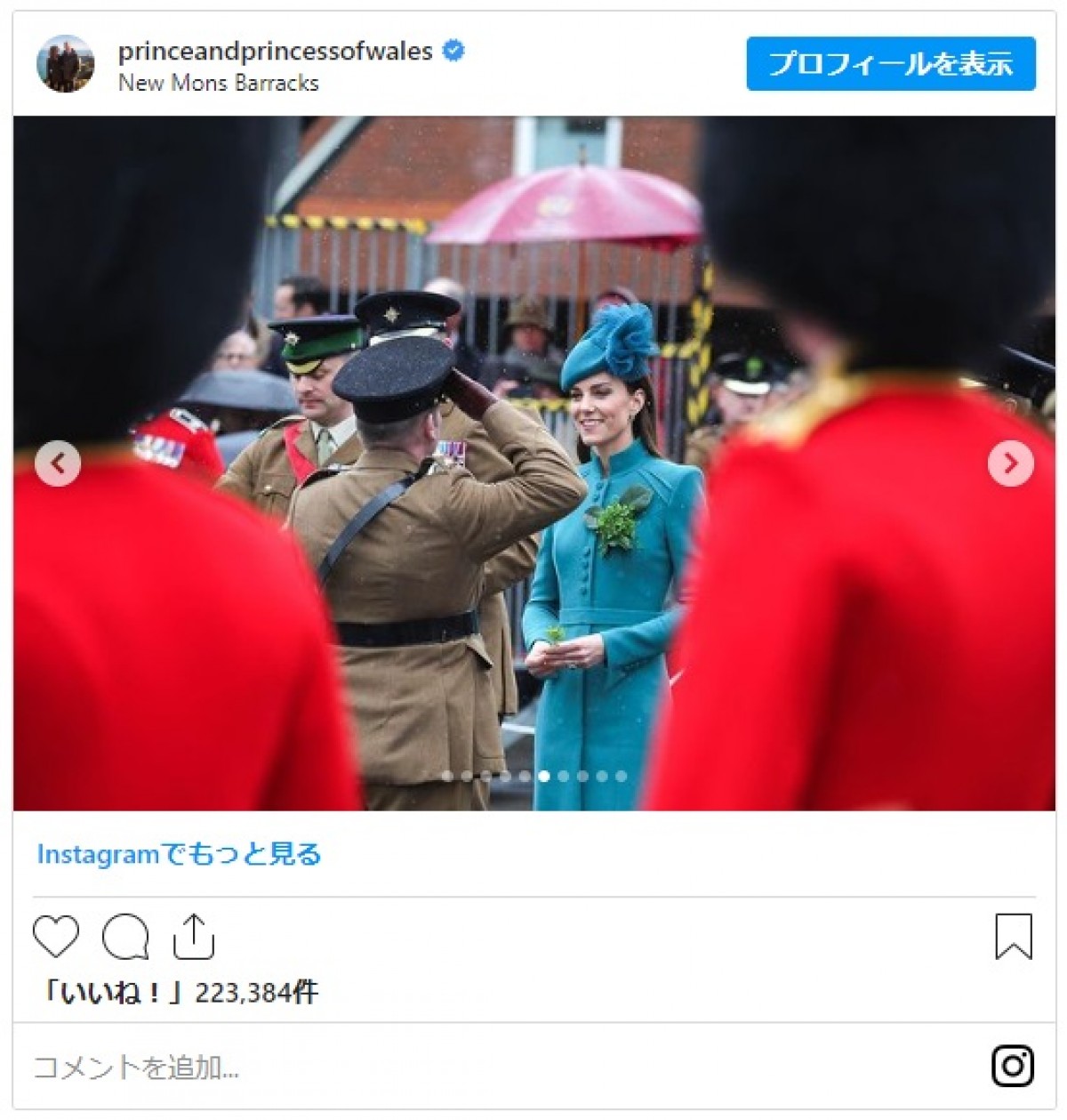 キャサリン妃、青緑コーデ＆シャムロックのブローチを身に着け聖パトリックデーの式典に参加