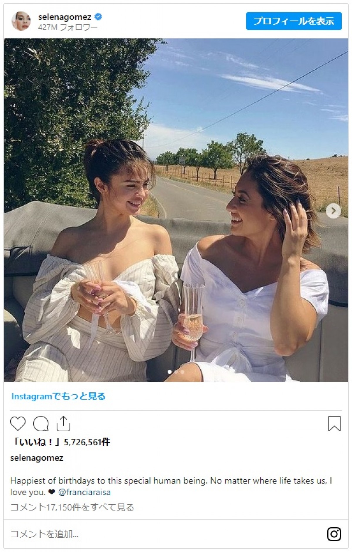 セレーナ・ゴメス、腎臓提供してくれたフランシア・レイサの誕生日を祝福　昨年“友達はテイラーだけ”発言でギクシャク