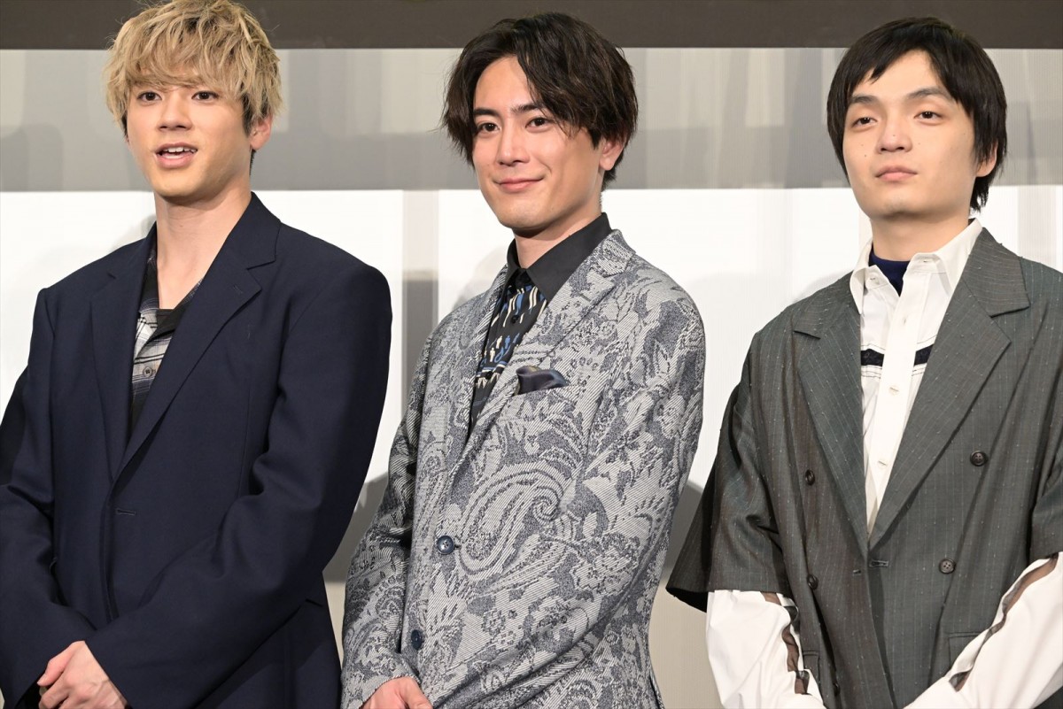 『BLUE GIANT』完成披露舞台挨拶に出席した(左から)山田裕貴、間宮祥太朗、岡山天音