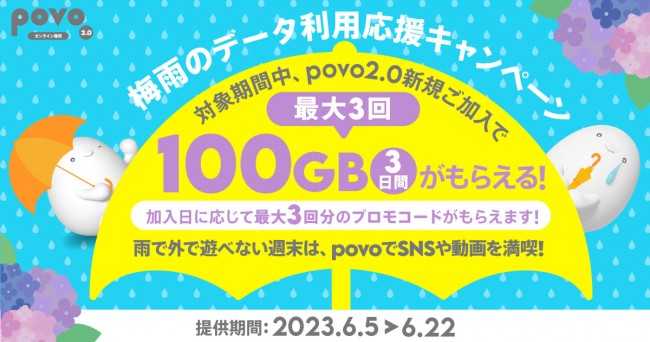 povo2.0「梅雨のデータ利用応援キャンペーン」開催！　100GBを最大3回プレゼント
