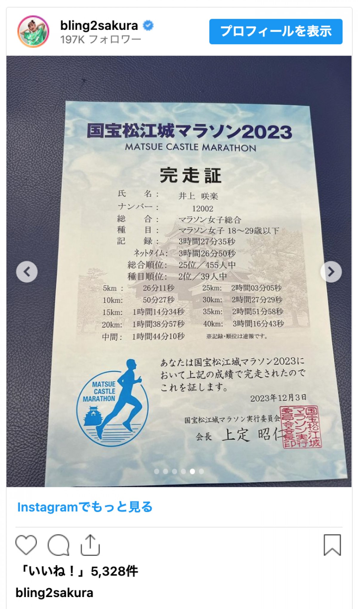 井上咲楽、フルマラソン“3時間半切り”の目標達成　ハリー杉山「もう嬉しすぎて。。。涙」