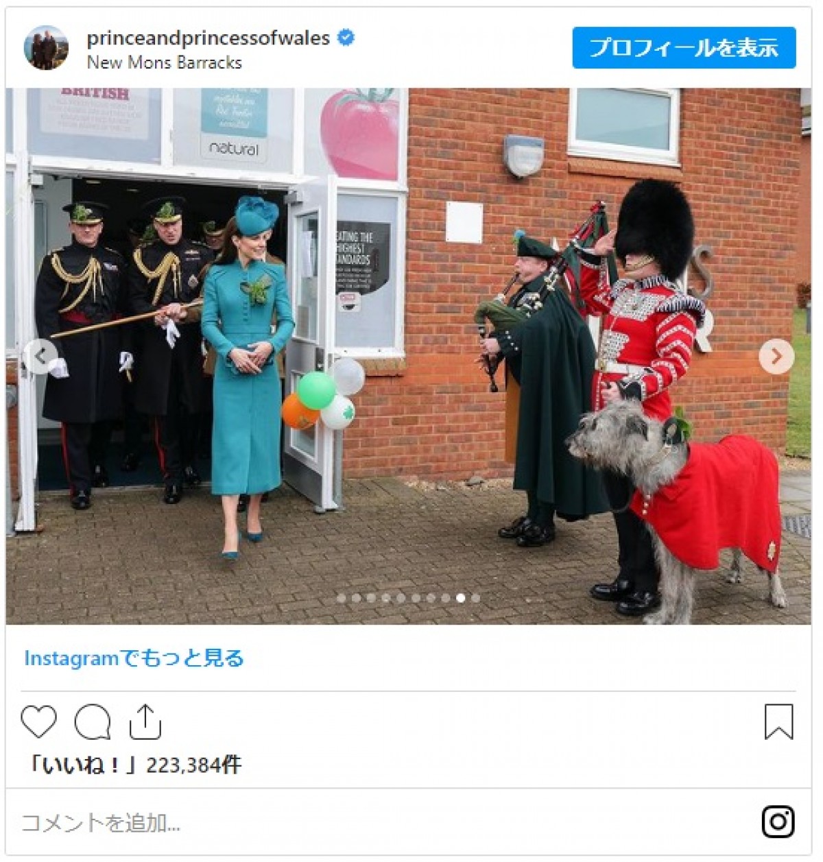 キャサリン妃、青緑コーデ＆シャムロックのブローチを身に着け聖パトリックデーの式典に参加