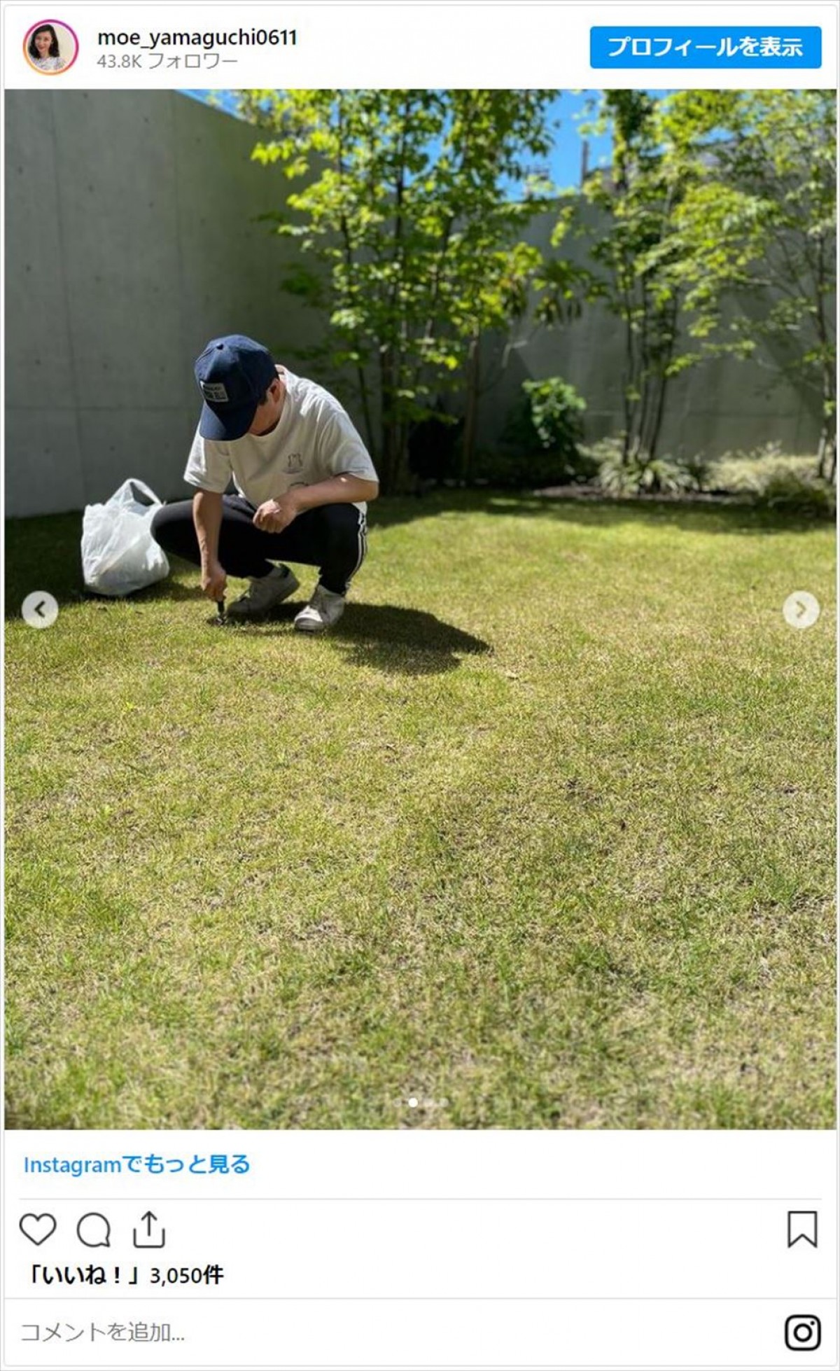 山口もえ、広々庭で夫・爆笑問題田中と“草むしり”　「お子さんかと」「ホッコリ」と反響