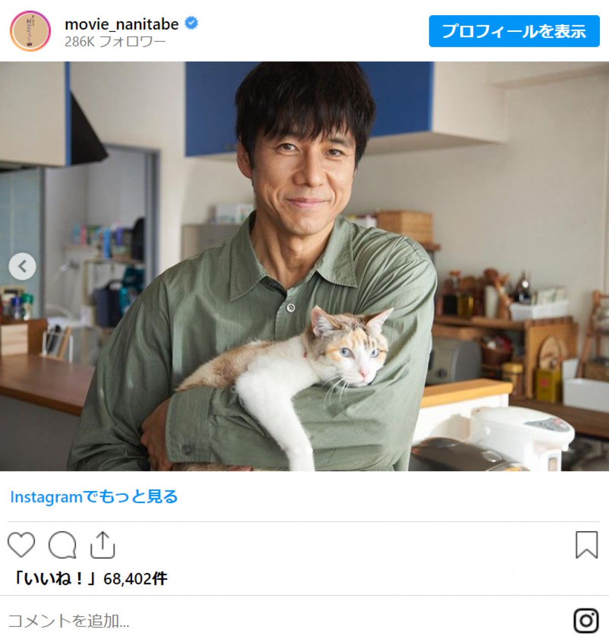 “シロさん”西島秀俊、猫の“かぼすちゃん”を抱っこでご満悦「シロさんかわちいいぃ」＜きのう何食べた？＞