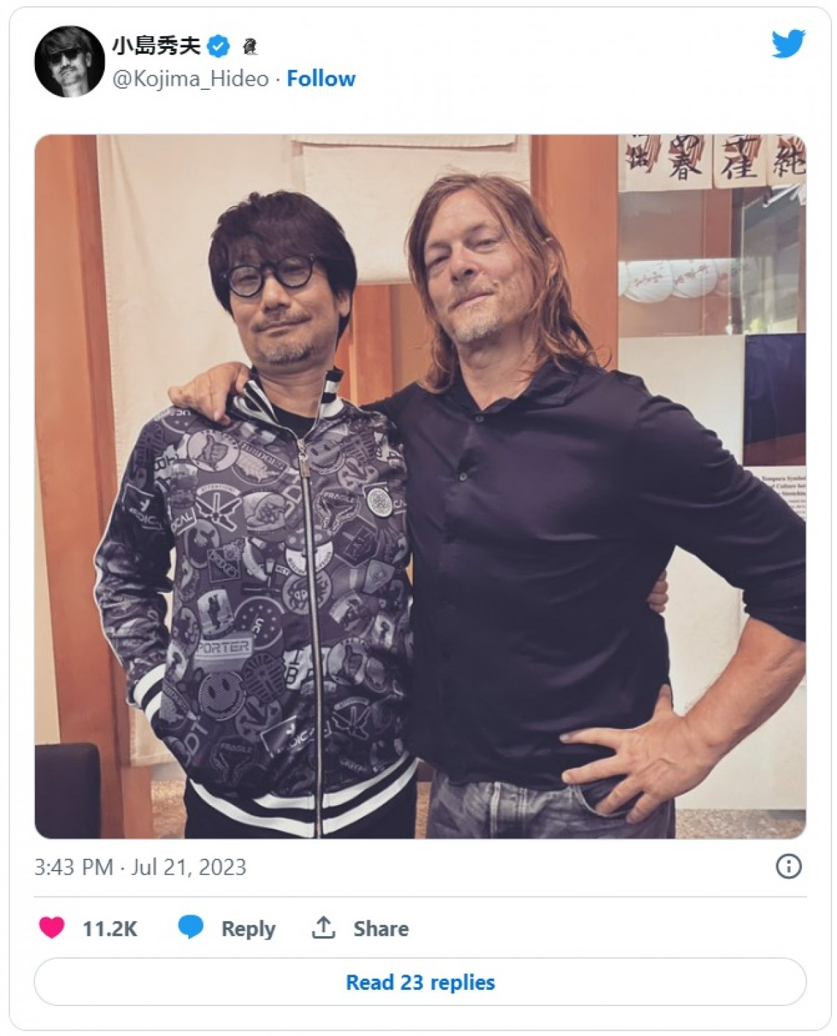 小島秀夫監督、俳優ノーマン・リーダスとハグ「羨ましい」「イチャイチャ助かります」