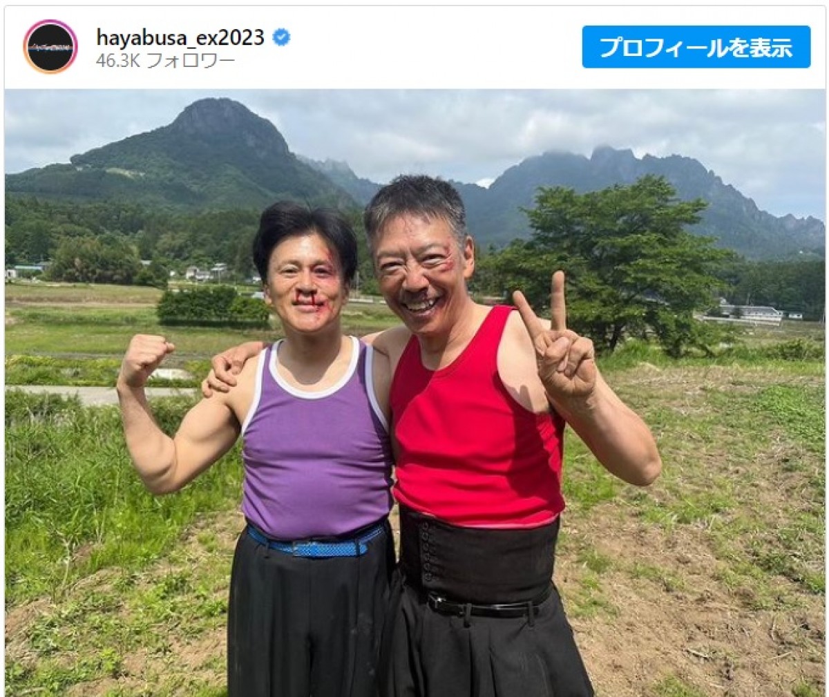 『ハヤブサ消防団』橋本じゅんVS生瀬勝久、“学ラン”決闘シーンオフショットに反響