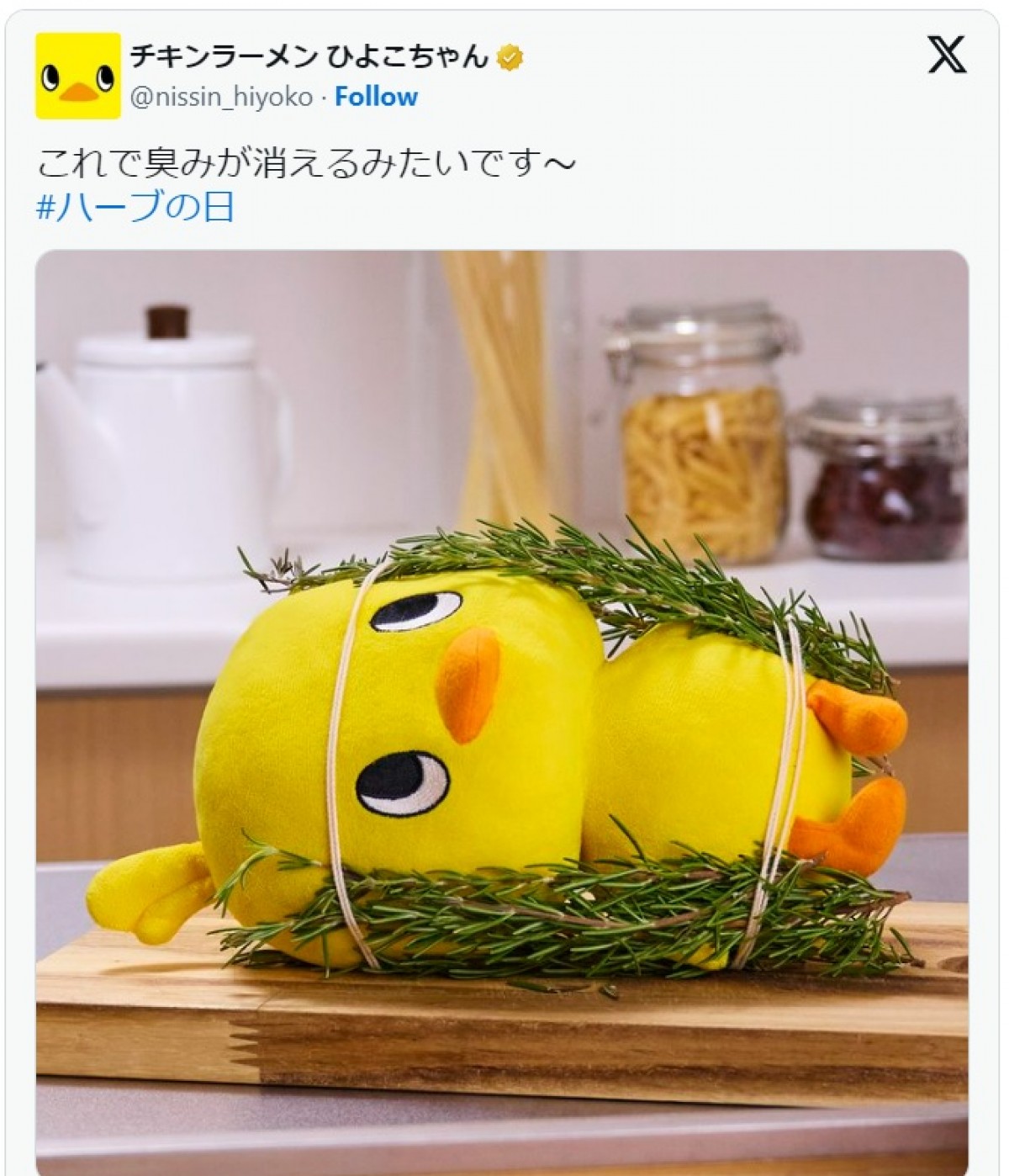 ハーブと一緒に縛られるひよこちゃん　※「チキンラーメン ひよこちゃん」公式ツイッター