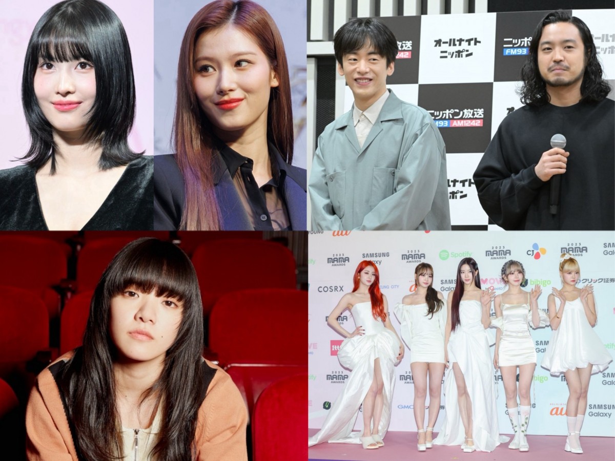 高校生が好きなアーティストランキング(写真は左上から時計回りでTWICEのモモ、サナ、Creepy Nuts、LE SSERAFIM、あいみょん)