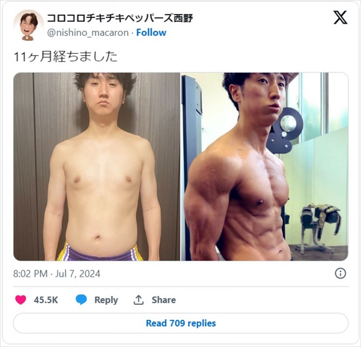 キングオブコント優勝芸人、仕上がりまくった“ムキムキボディ”にSNS驚愕　迫力が圧倒的