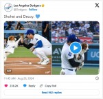 大谷翔平とハイタッチするデコピン　※「ロサンゼルス・ドジャース」公式エックス