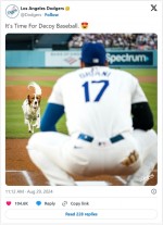 ボールを加えて大谷翔平に駆け寄るデコピン　※「ロサンゼルス・ドジャース」公式エックス