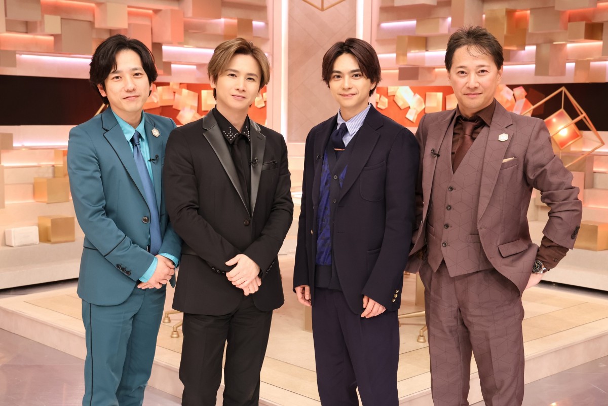 3月10日放送の『だれかtoなかい』に出演する（左から）二宮和也、堂本光一（KinKi Kids）、佐藤勝利（Sexy Zone）、中居正広