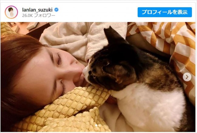 鈴木蘭々、愛猫の風太くんとお布団ショット ※「鈴木蘭々」インスタグラム