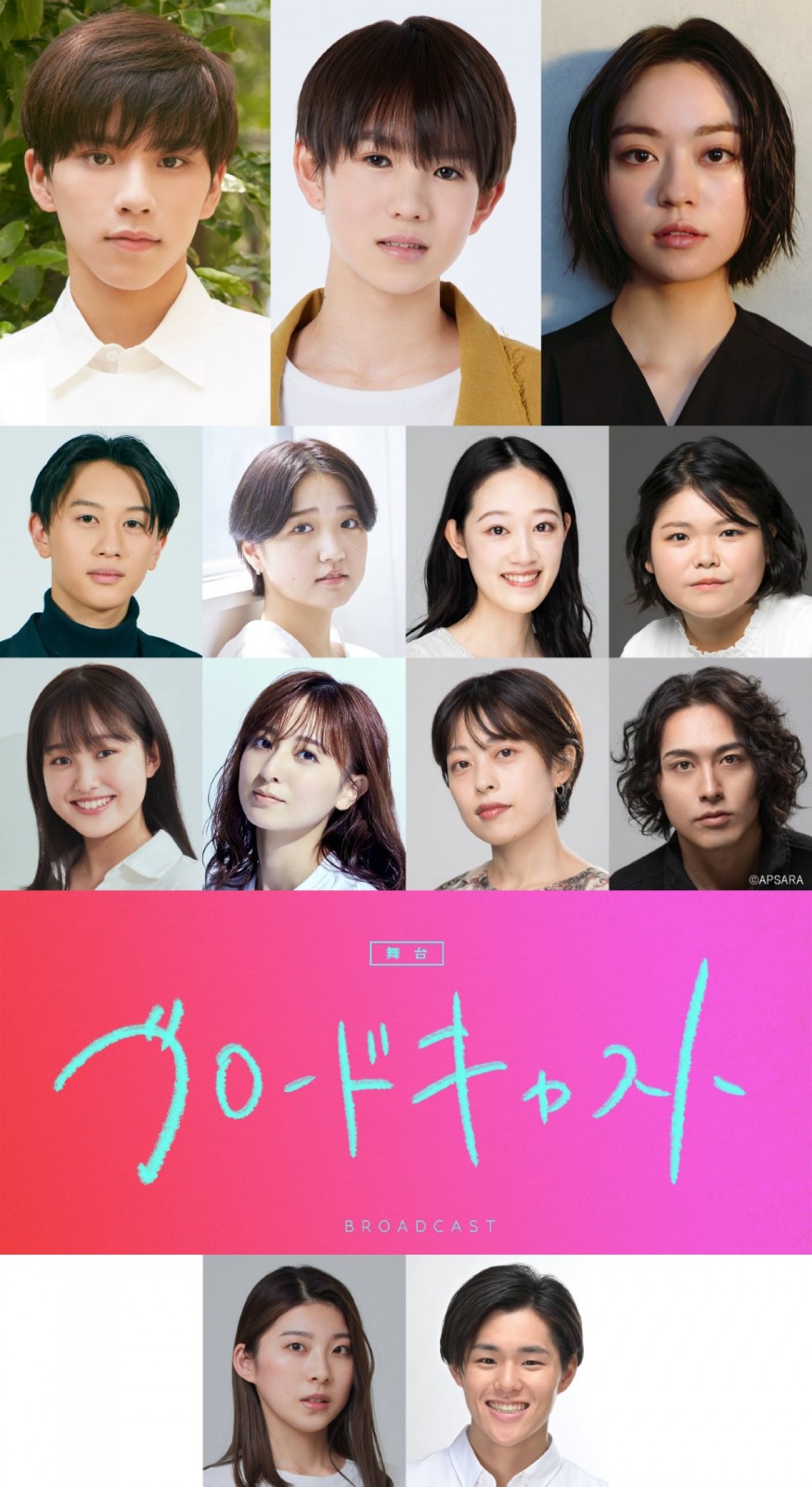 舞台『ブロードキャスト』(1段目左から)新正俊、木村来士、深尾あむ(2段目左から)奥村等士、山本咲希、富樫萌々香、庄司ゆらの(3段目左から)新條月渚、星波、坂本けこ美、稲垣成弥(4段目左から)風間涼香、茶谷優太