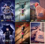Netflix映画『サンディ・チークスのビキニタウン救出大作戦』（左から）『ウェンズデー』『イカゲーム』『エミリー、パリへ行く』パロディビジュアル＆本家ビジュアル